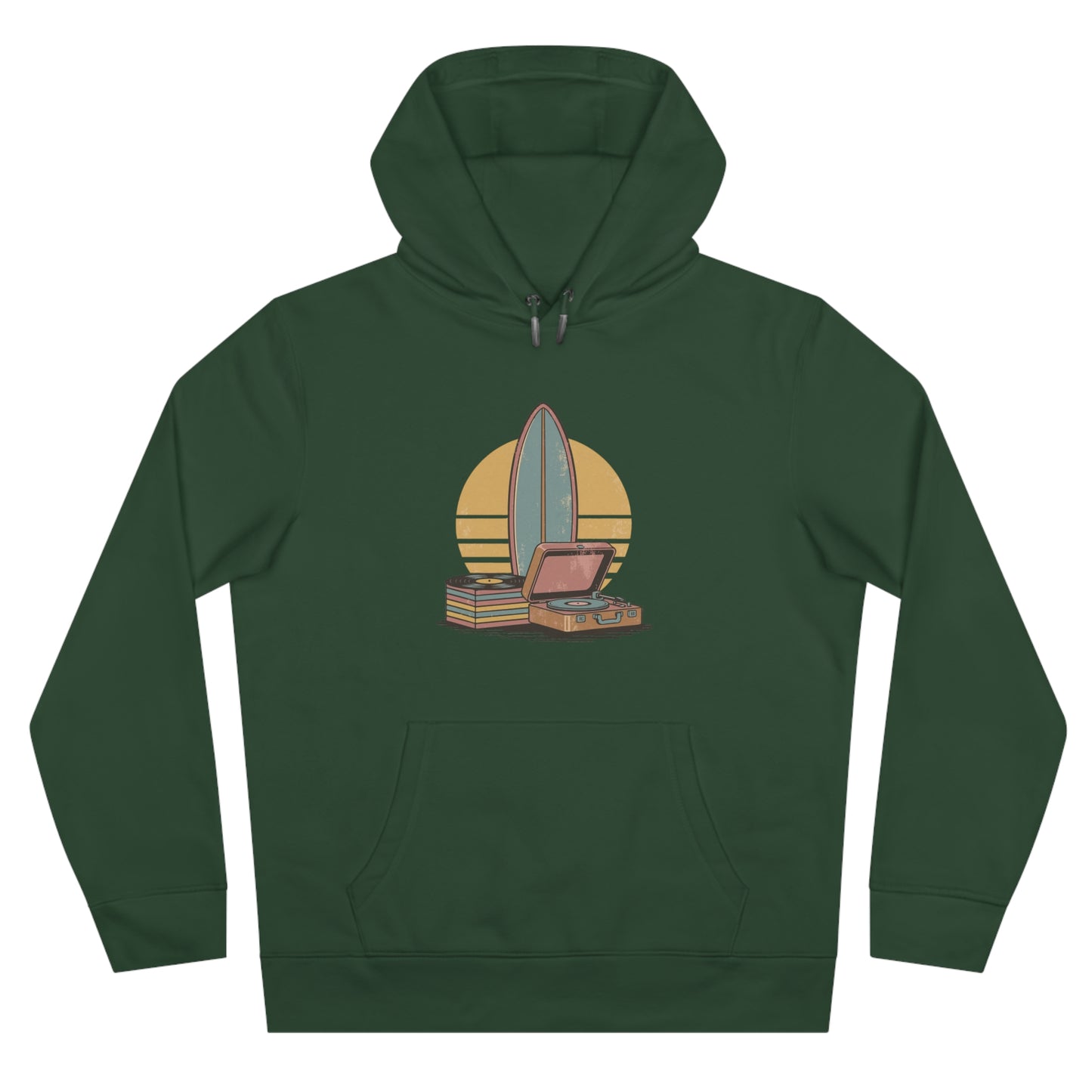 Vintage Surf & Vinyl Hoodie – Retro Surfboard Plattenspieler Design