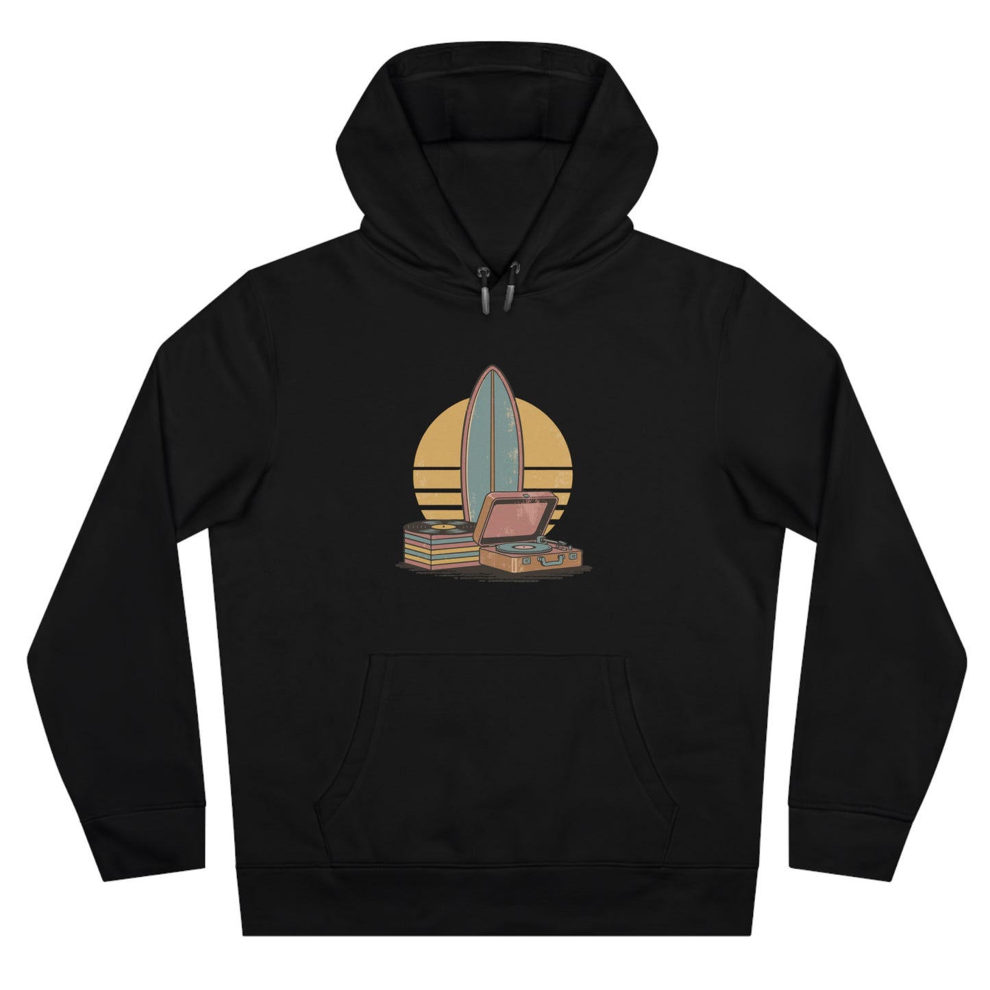 Vintage Surf & Vinyl Hoodie – Retro Surfboard Plattenspieler Design