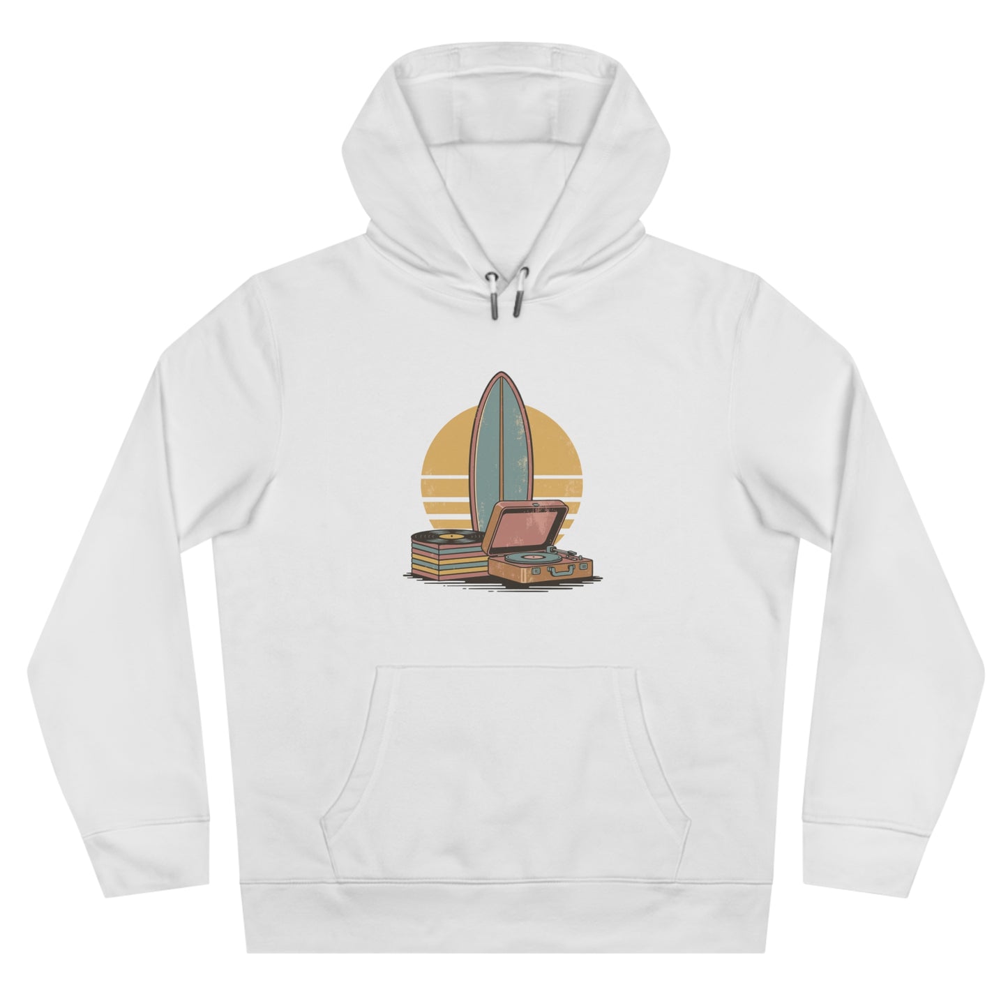 Vintage Surf & Vinyl Hoodie – Retro Surfboard Plattenspieler Design