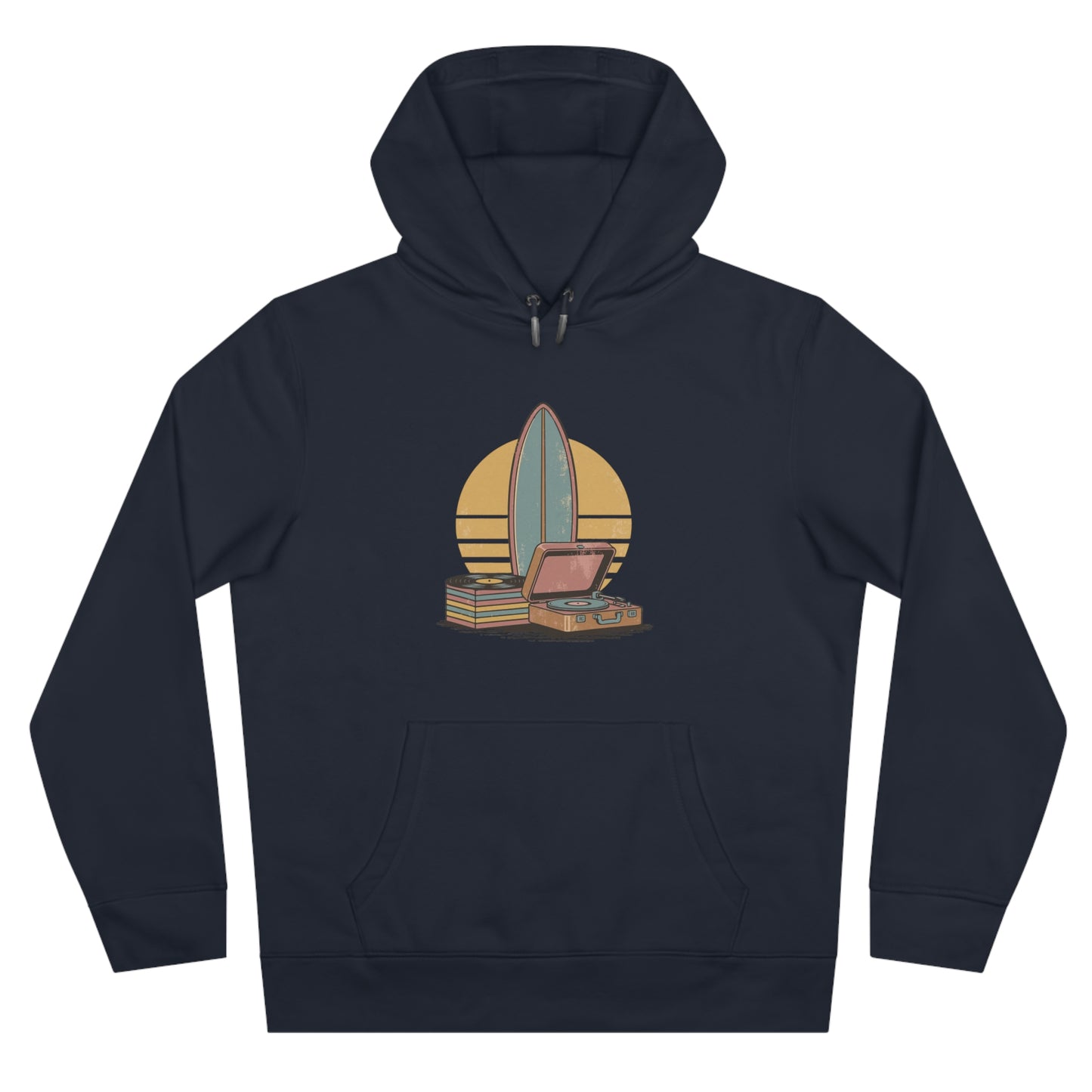 Vintage Surf & Vinyl Hoodie – Retro Surfboard Plattenspieler Design