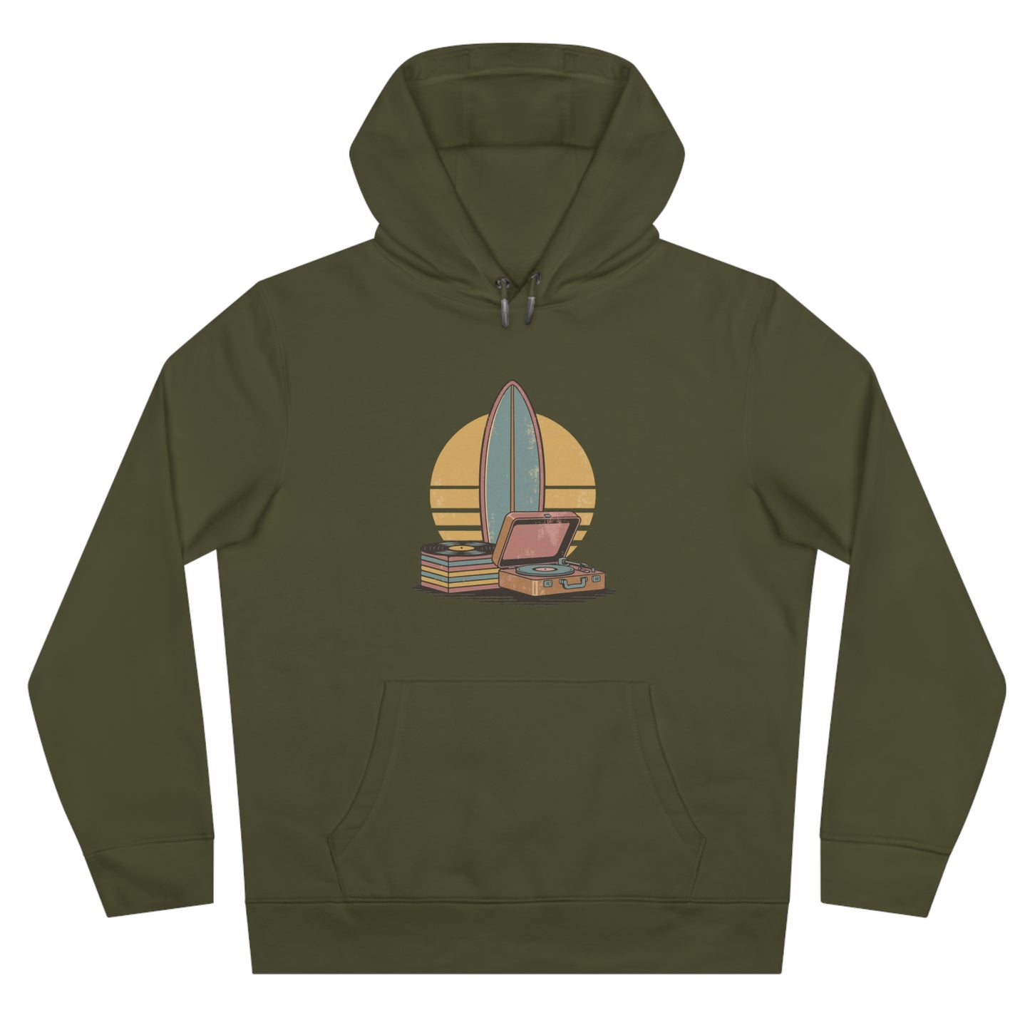 Vintage Surf & Vinyl Hoodie – Retro Surfboard Plattenspieler Design