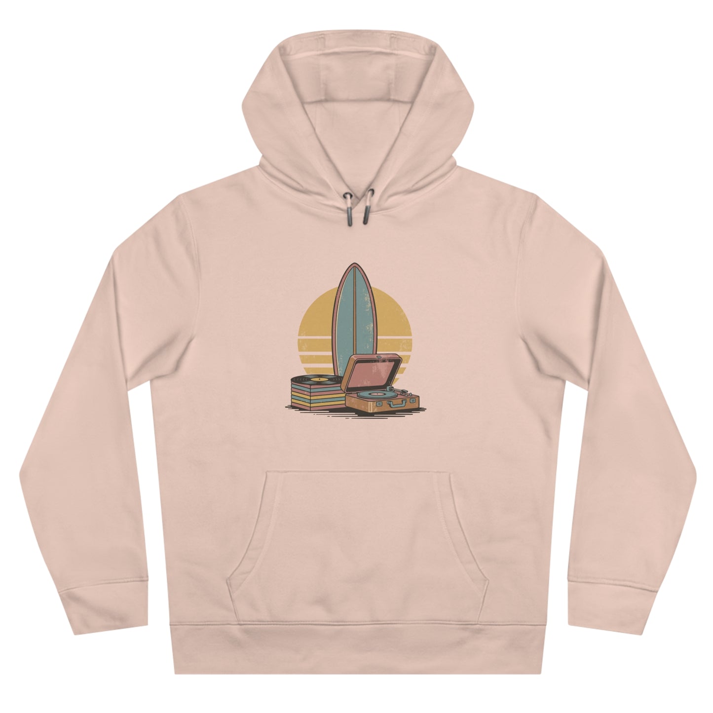 Vintage Surf & Vinyl Hoodie – Retro Surfboard Plattenspieler Design