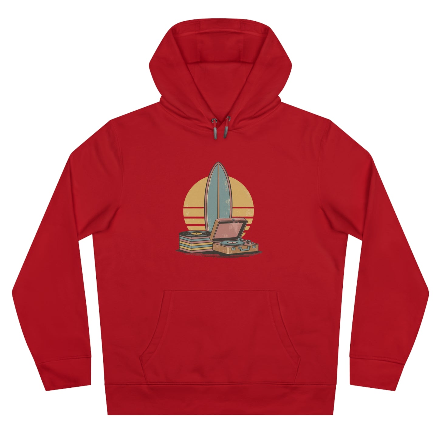 Vintage Surf & Vinyl Hoodie – Retro Surfboard Plattenspieler Design