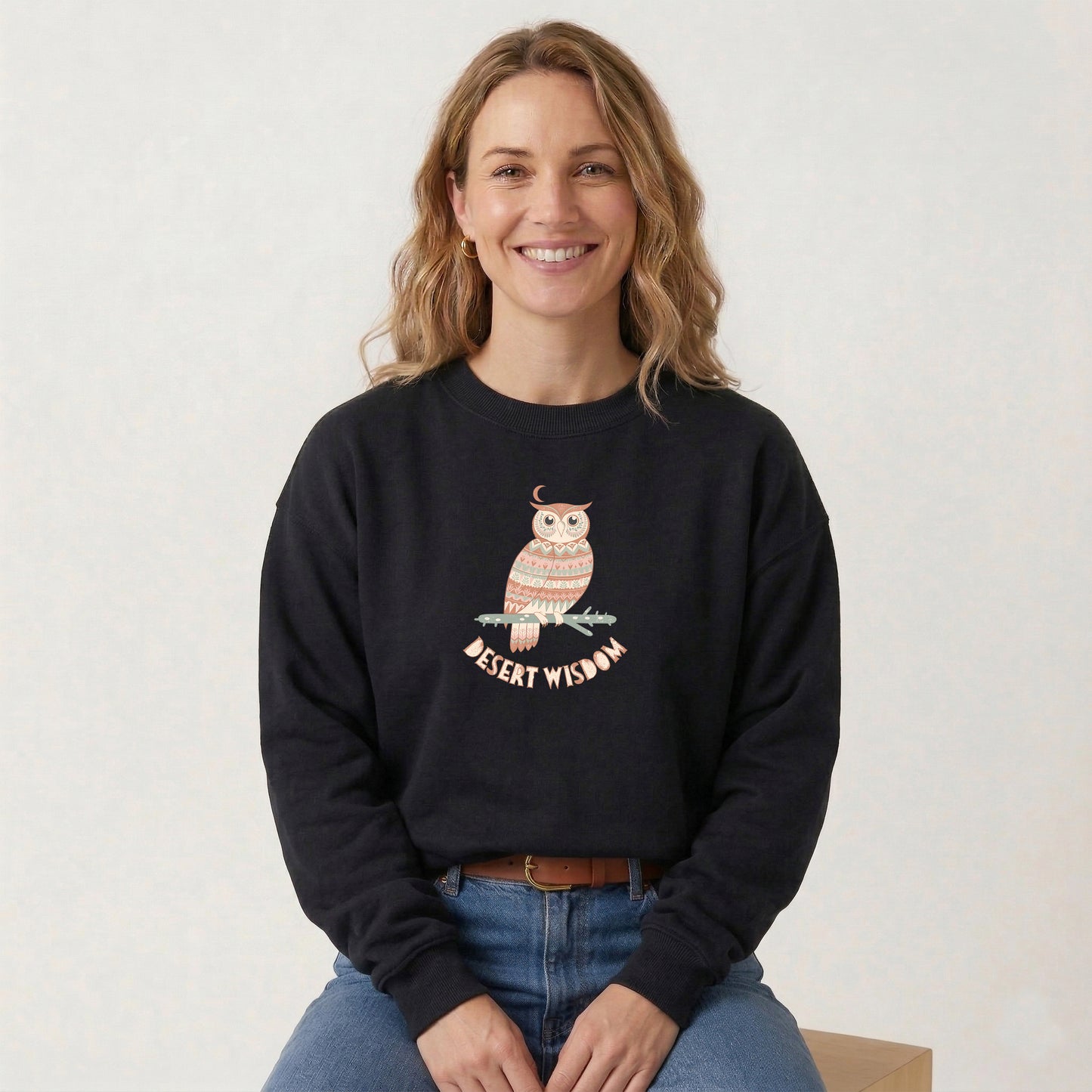 Desert Wisdom Sweatshirt – Boho Eule & Mond