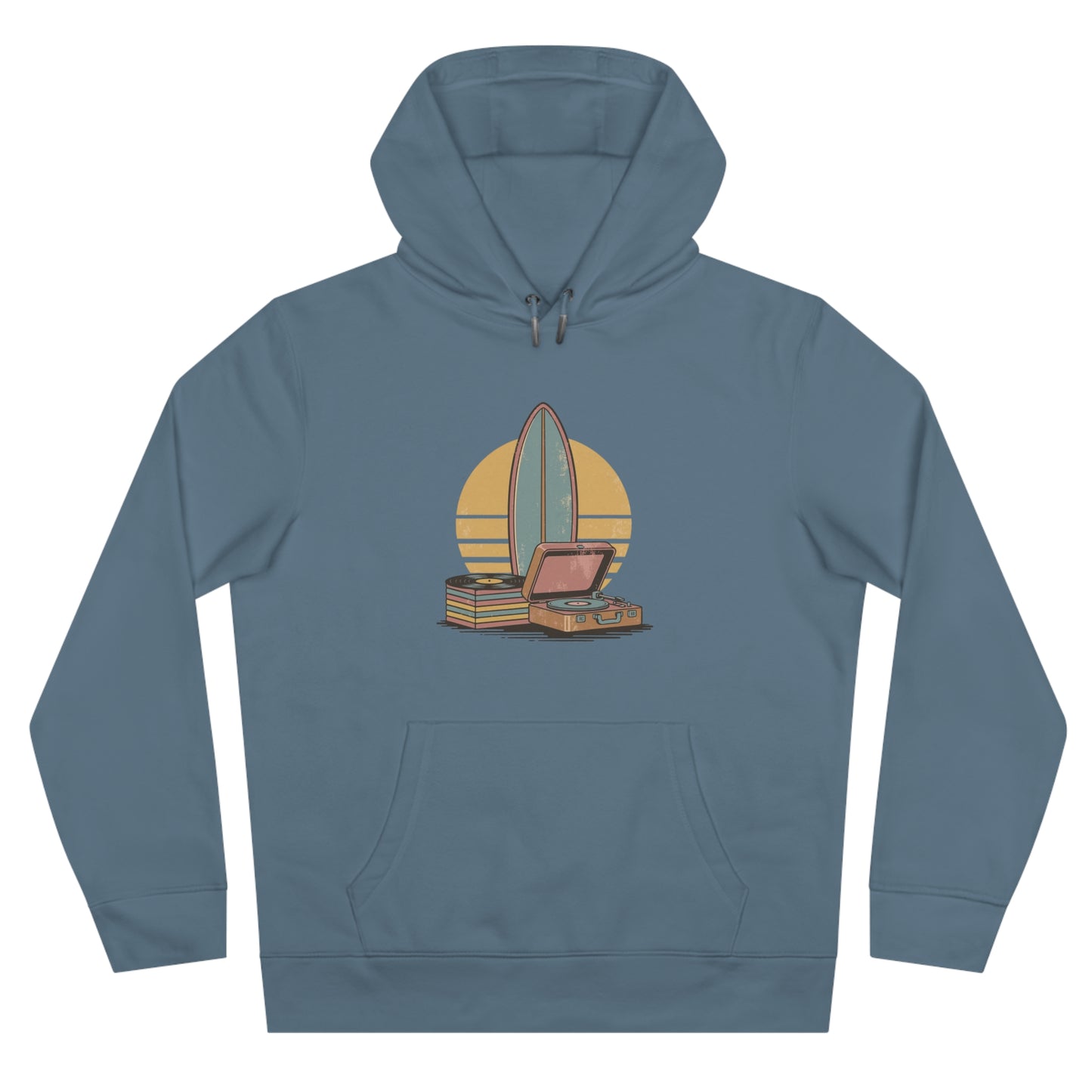 Vintage Surf & Vinyl Hoodie – Retro Surfboard Plattenspieler Design