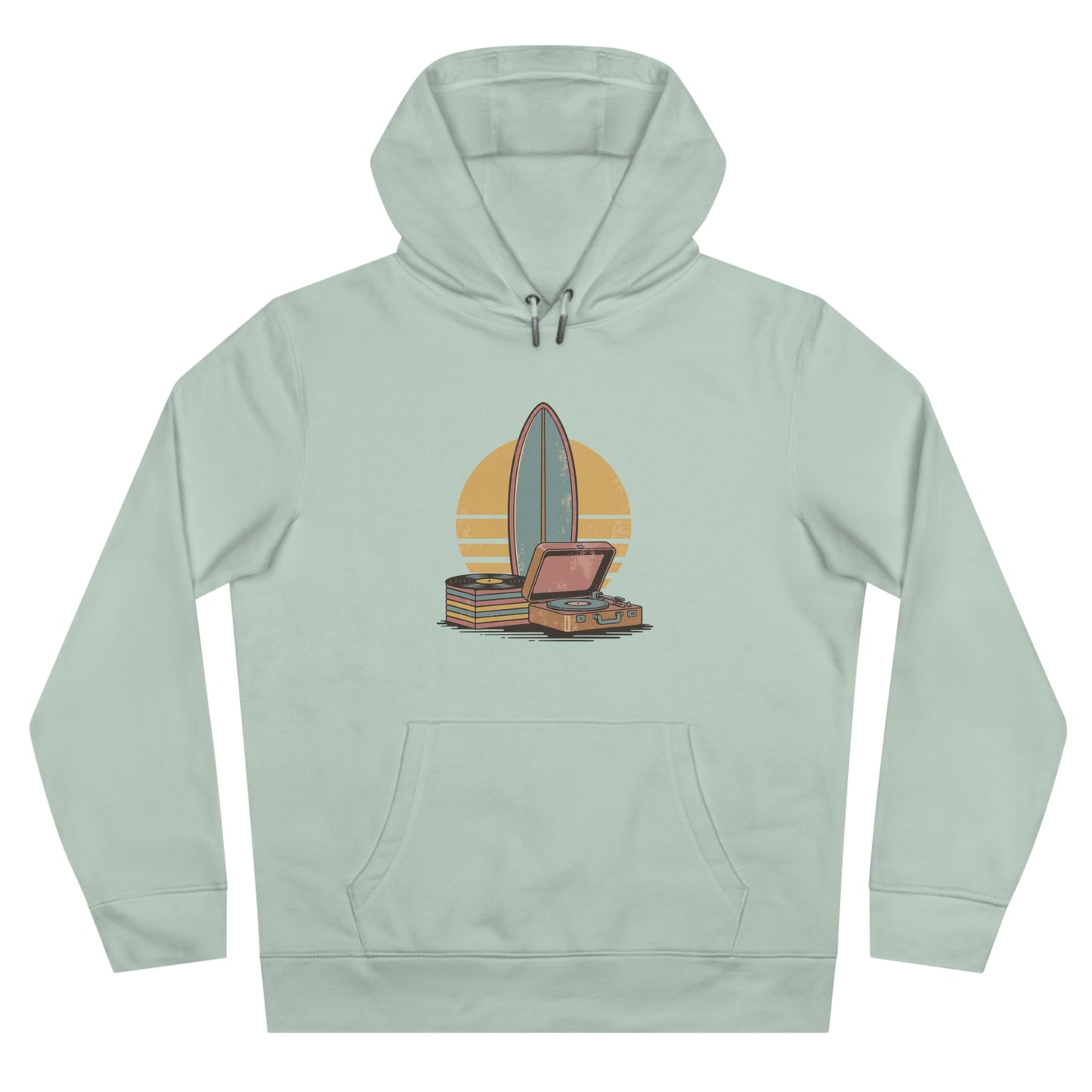 Vintage Surf & Vinyl Hoodie – Retro Surfboard Plattenspieler Design