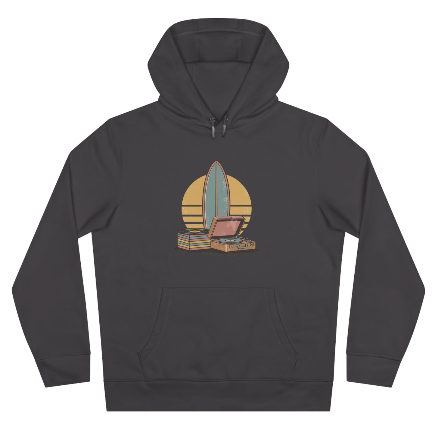 Vintage Surf & Vinyl Hoodie – Retro Surfboard Plattenspieler Design