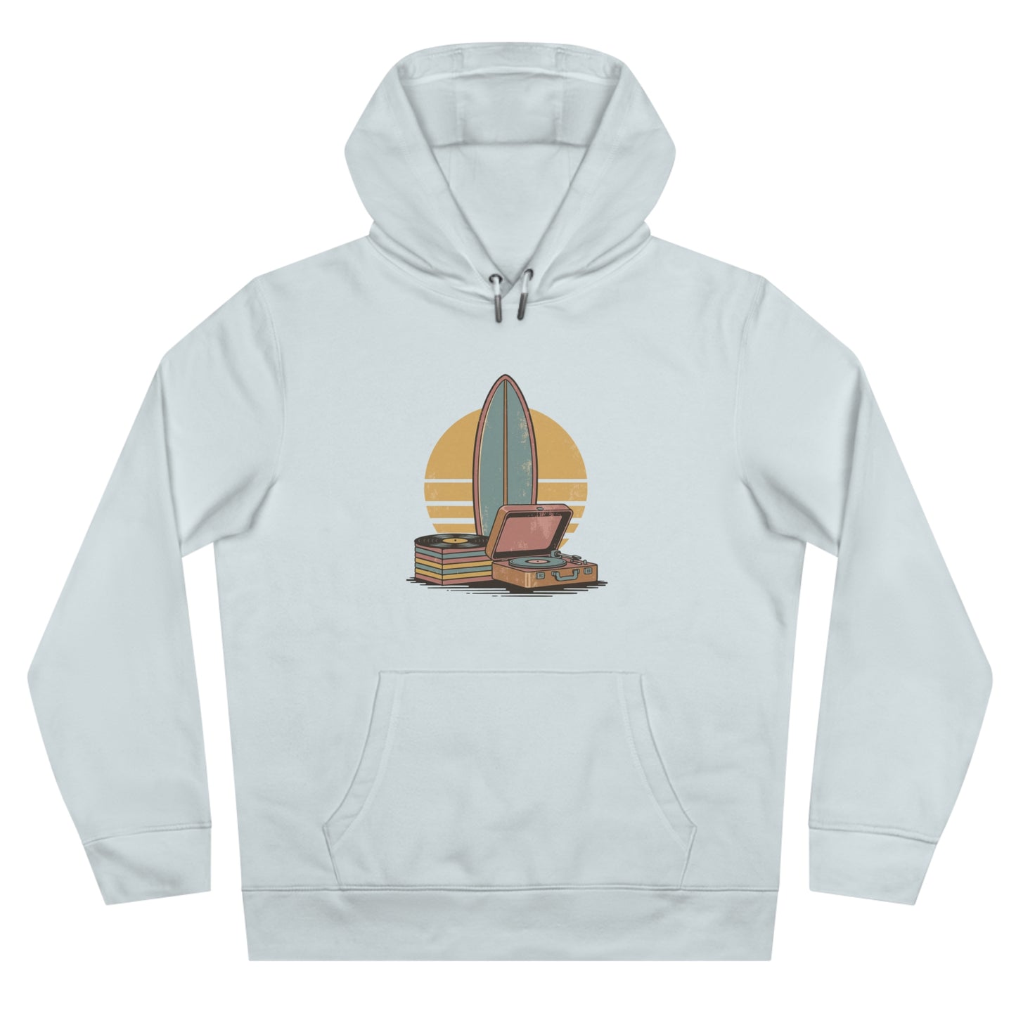 Vintage Surf & Vinyl Hoodie – Retro Surfboard Plattenspieler Design