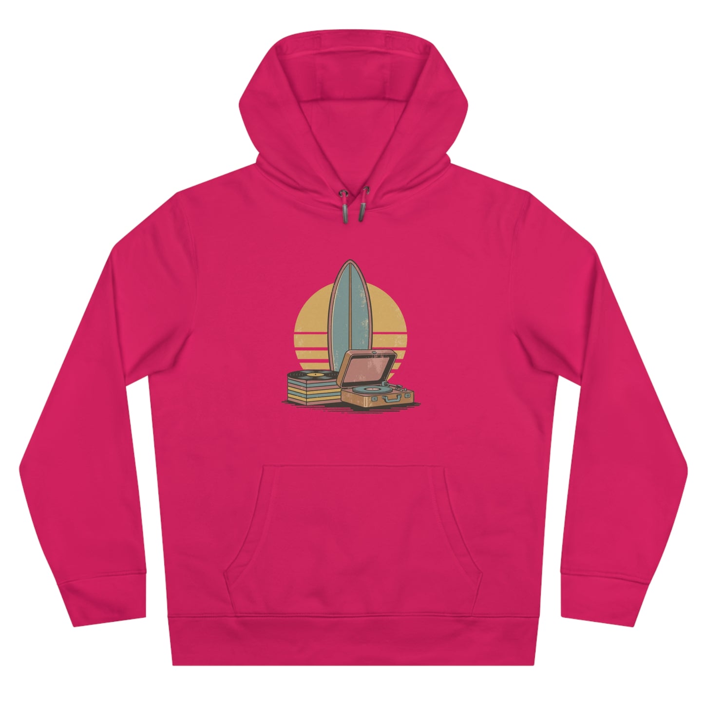 Vintage Surf & Vinyl Hoodie – Retro Surfboard Plattenspieler Design