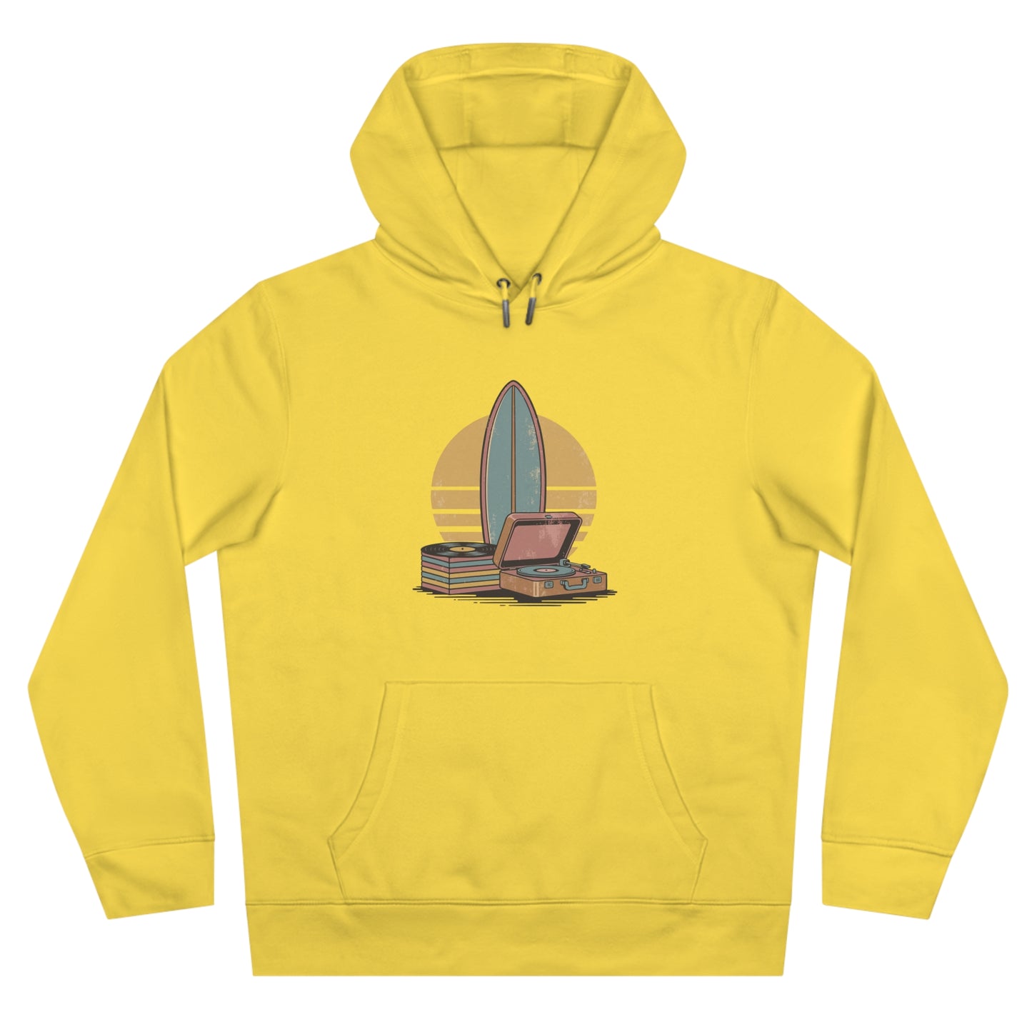 Vintage Surf & Vinyl Hoodie – Retro Surfboard Plattenspieler Design