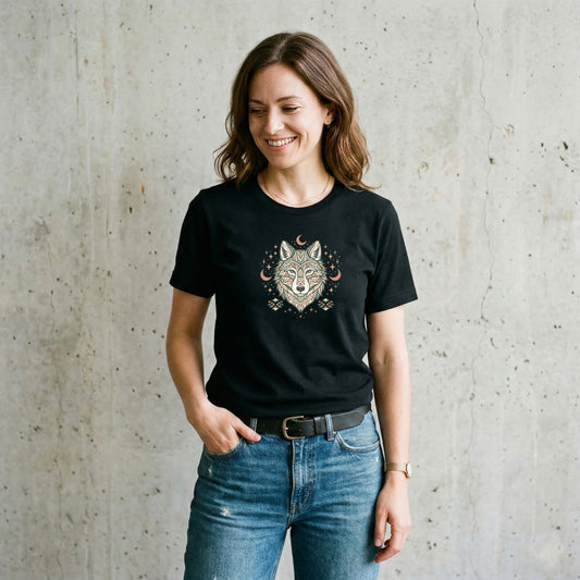 Azteken Wolf T-Shirt – Boho Tribal Mond & Sterne Design