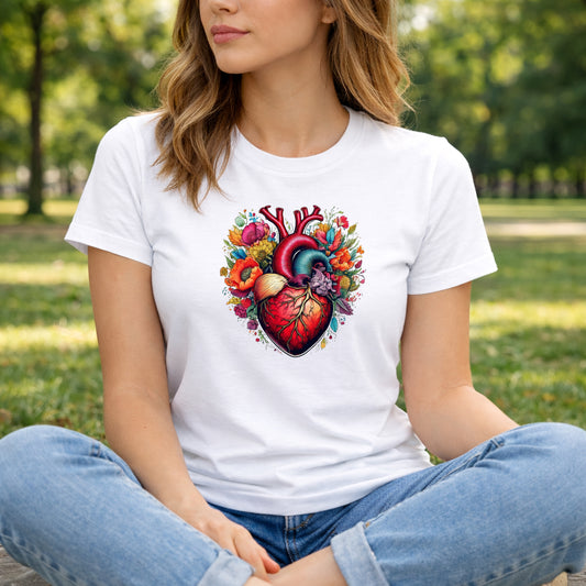 Anatomisches Blumenherz T-Shirt – Florale Herz Illustration