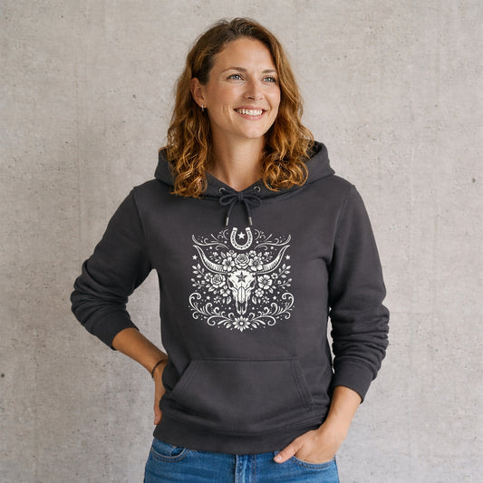 Longhorn Hoodie – Western Boho Blumen & Hufeisen Design