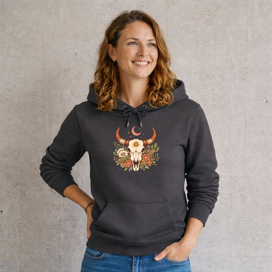 Boho Bull Skull Hoodie – Southwestern Mond & Blumen Design