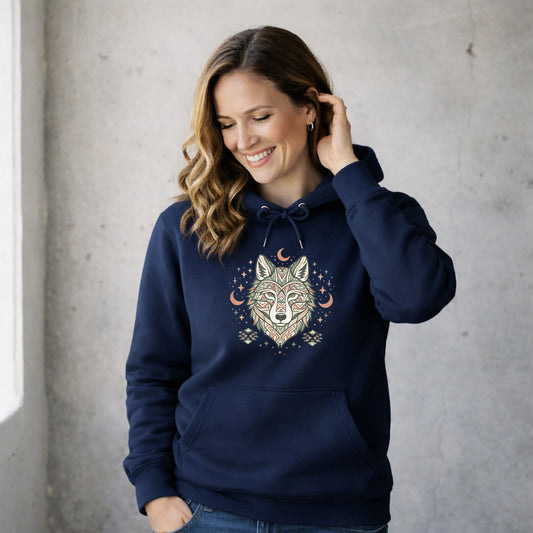Azteken Wolf Hoodie – Boho Tribal Mond & Sterne Design